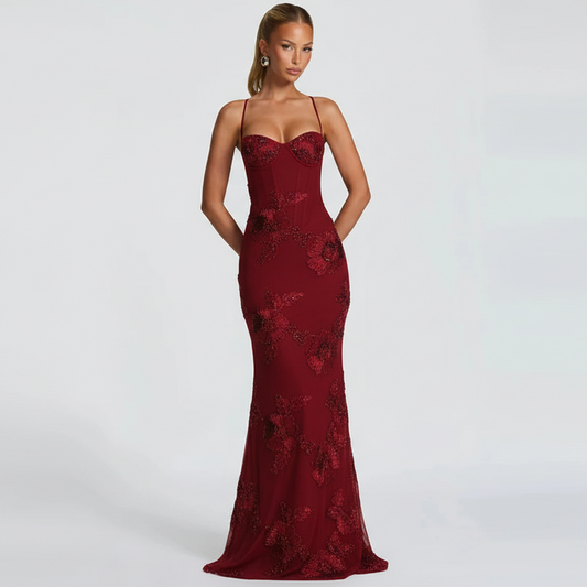 DALIA - Bodycon Flower Maxi Dress - Red