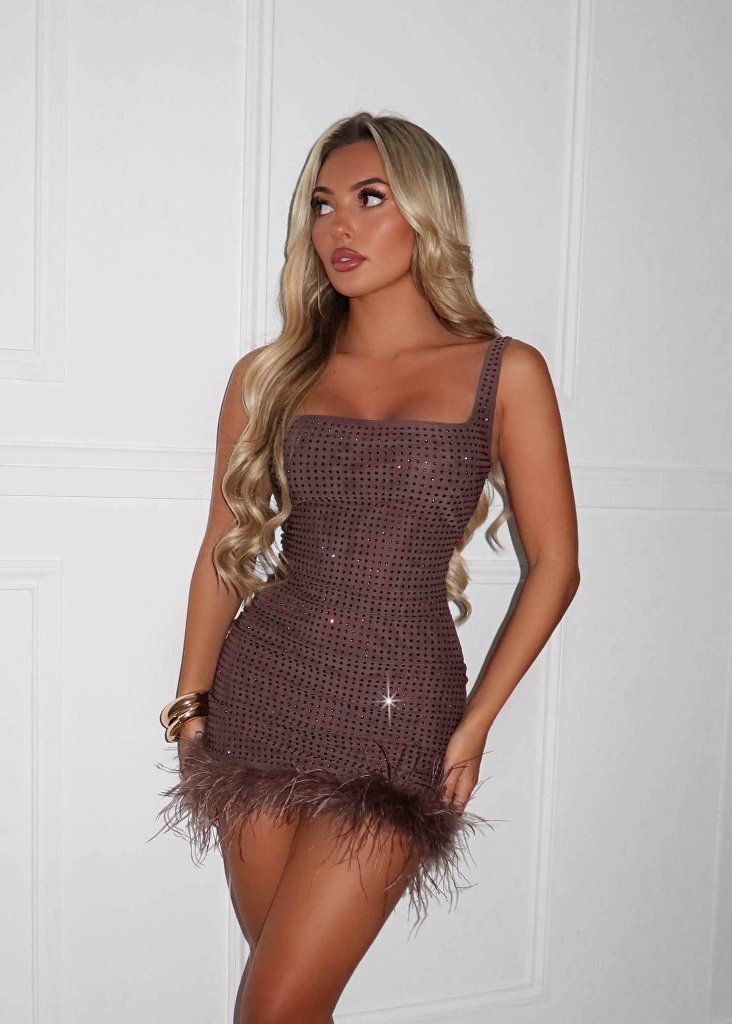 DALIA - Silent Heartbeat Feather Detail Mini Dress - Brown