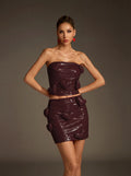 DALIA - Strapless Heart Leather Skirt Set - Wine