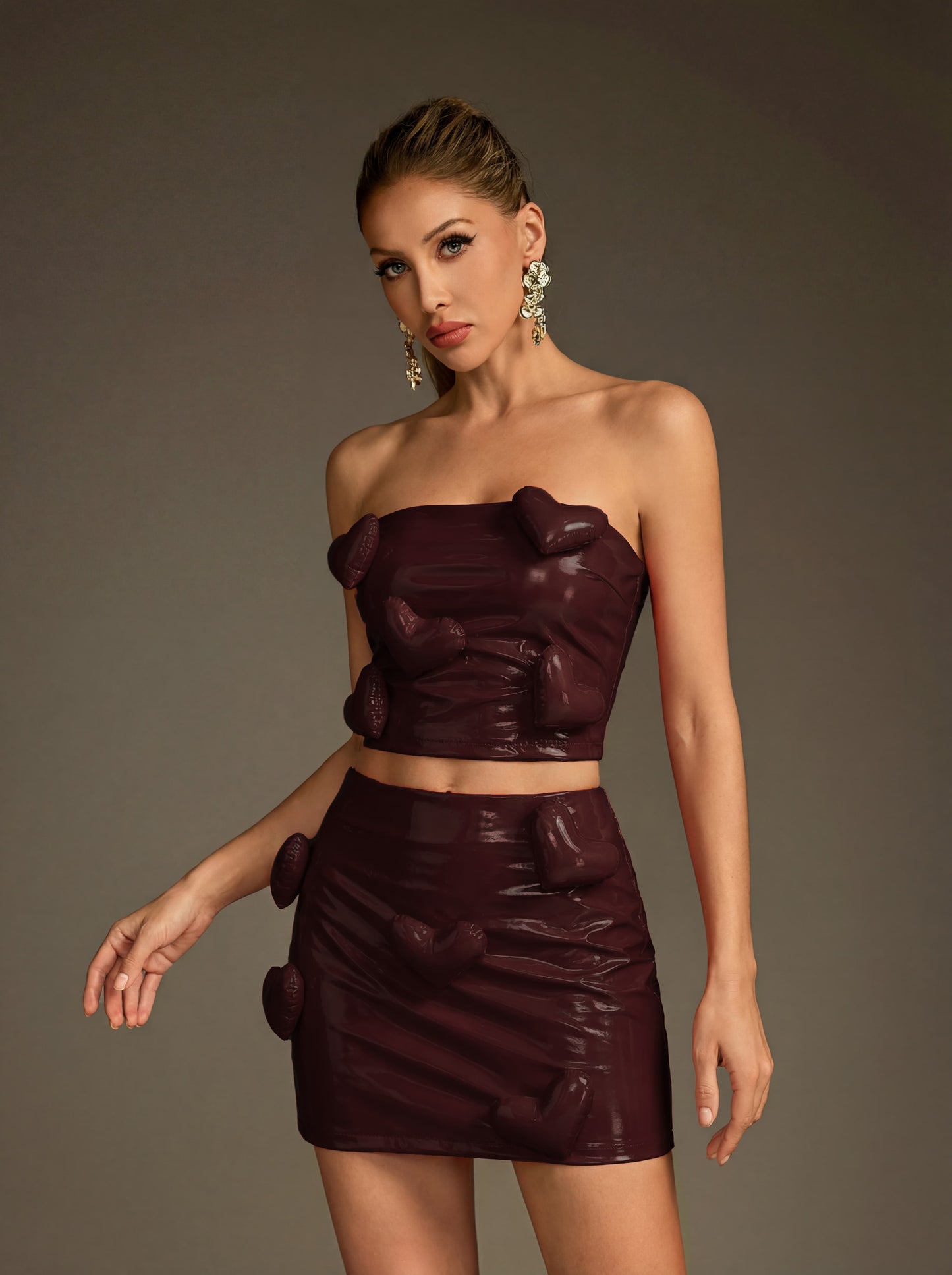 DALIA - Strapless Heart Leather Skirt Set - Wine