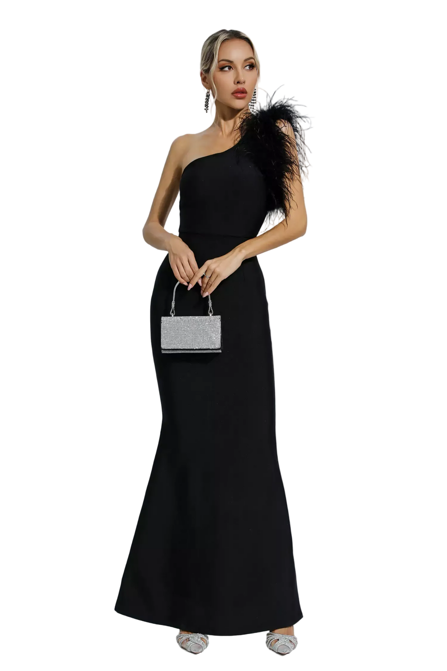 DALIA - One Shoulder Feather Bandage Dress In Black