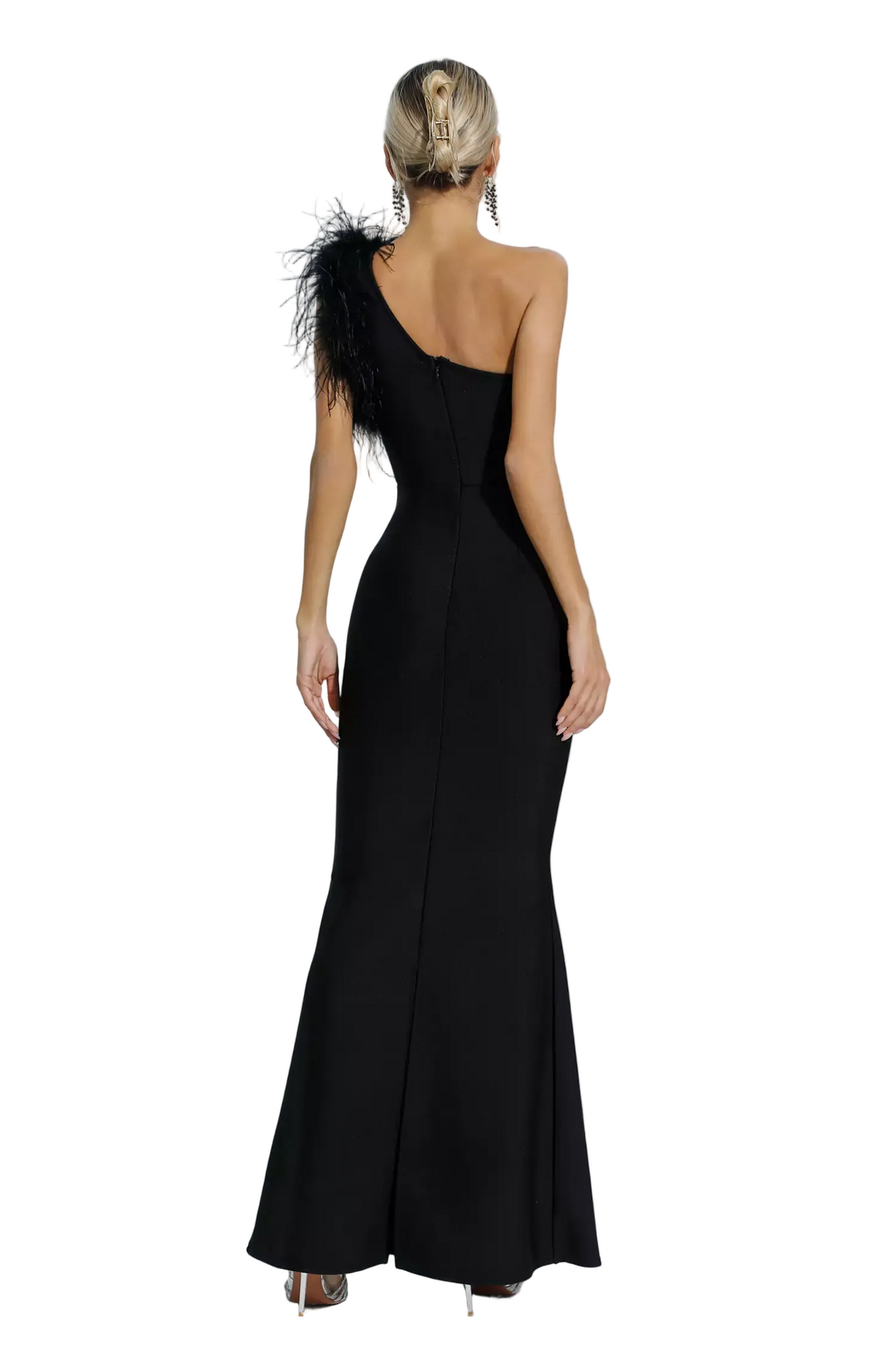 DALIA - One Shoulder Feather Bandage Dress In Black