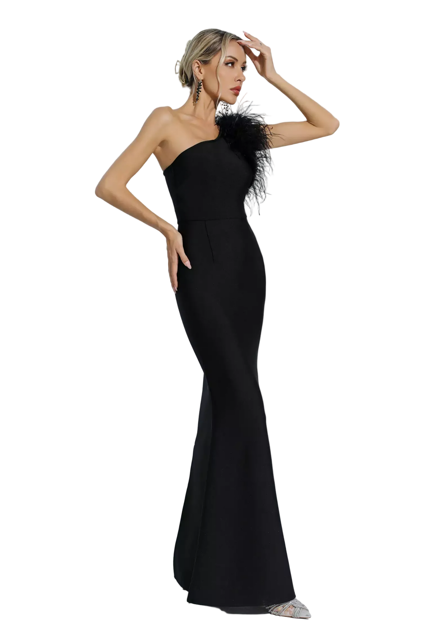 DALIA - One Shoulder Feather Bandage Dress In Black