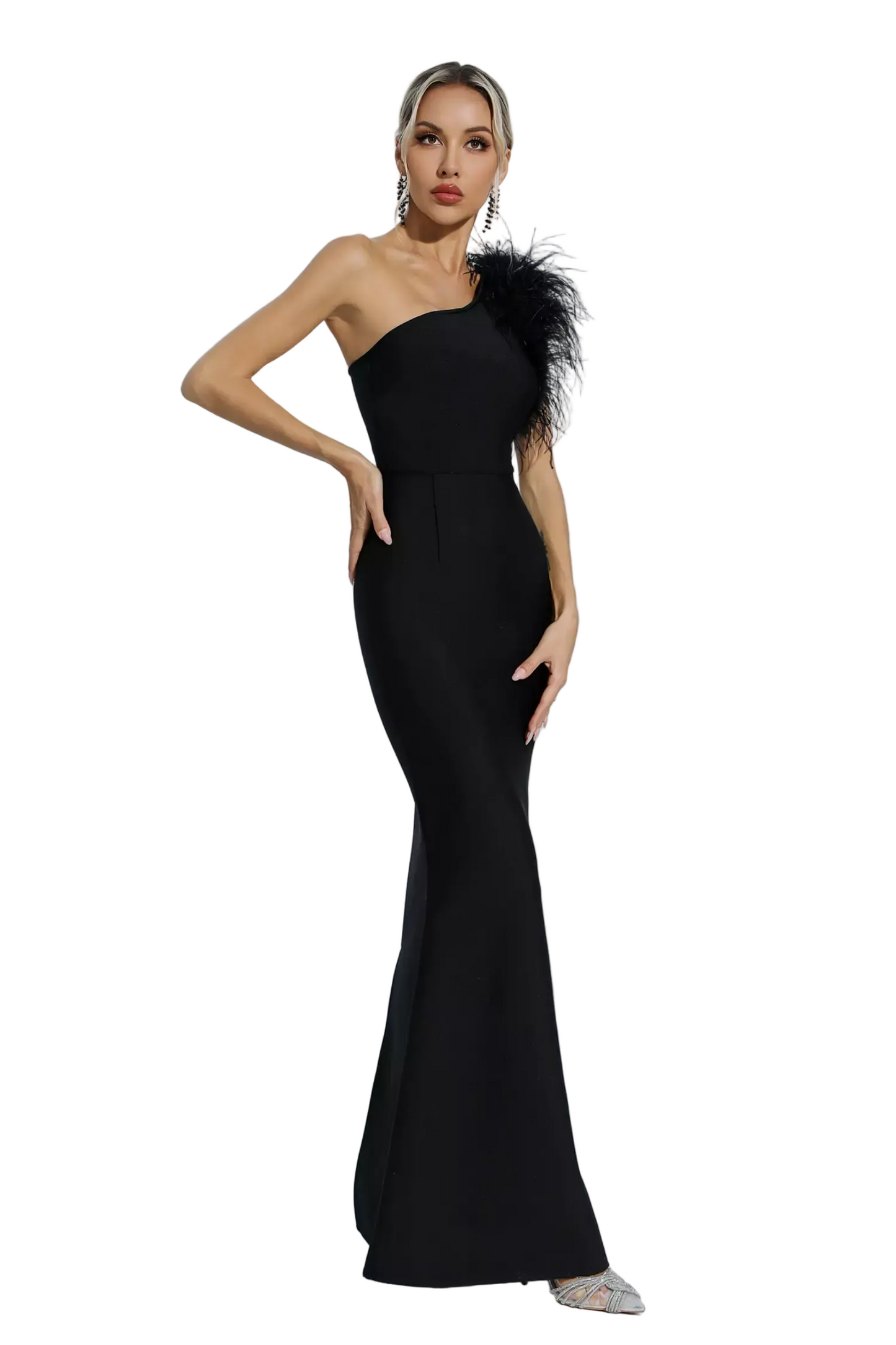 DALIA - One Shoulder Feather Bandage Dress In Black