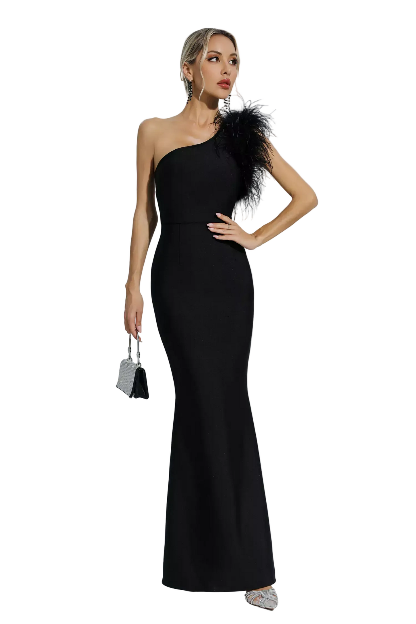 DALIA - One Shoulder Feather Bandage Dress In Black