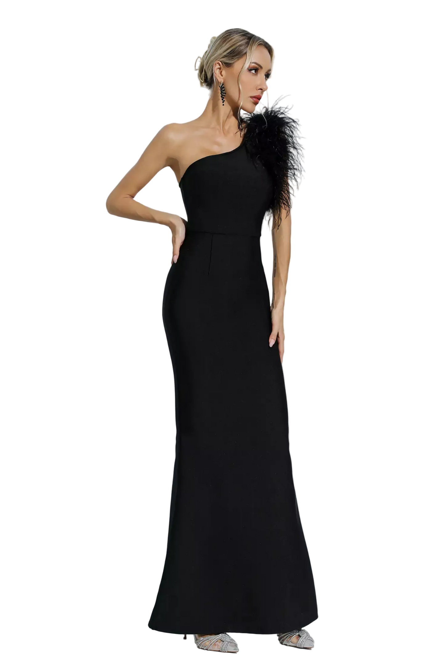 DALIA - One Shoulder Feather Bandage Dress In Black
