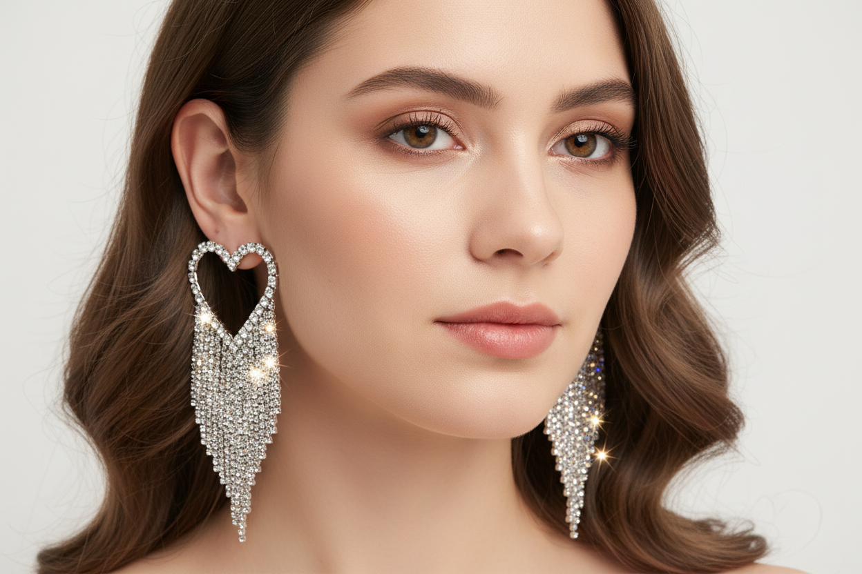 DALIA - Heart Rhinestone Tassel Earrings