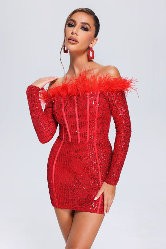 DALIA - Wooh Feather Sequin Mini Dress - Red