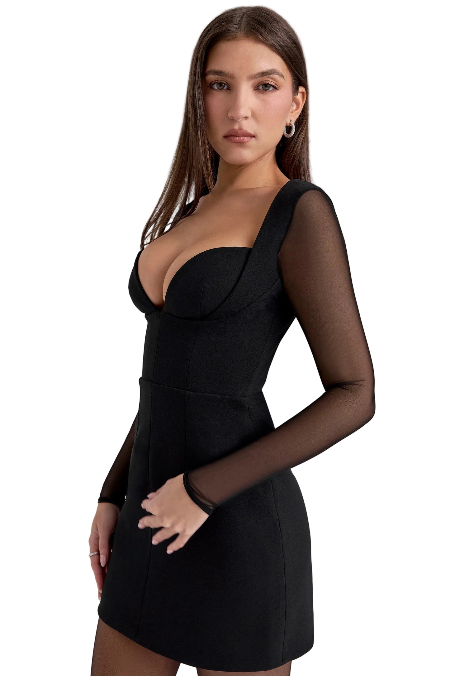 DALIA - Czarna sukienka mini z rozciągliwej krepy z głębokim dekoltem