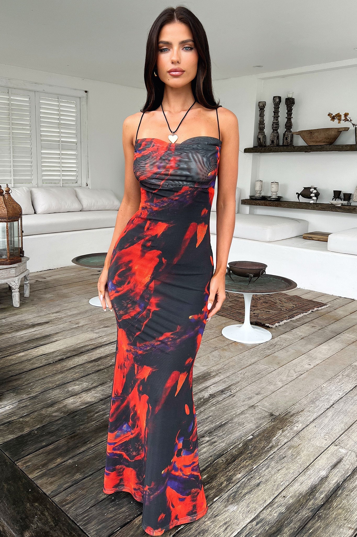 DALIA - Passion Mesh Maxi Dress - Black/Red