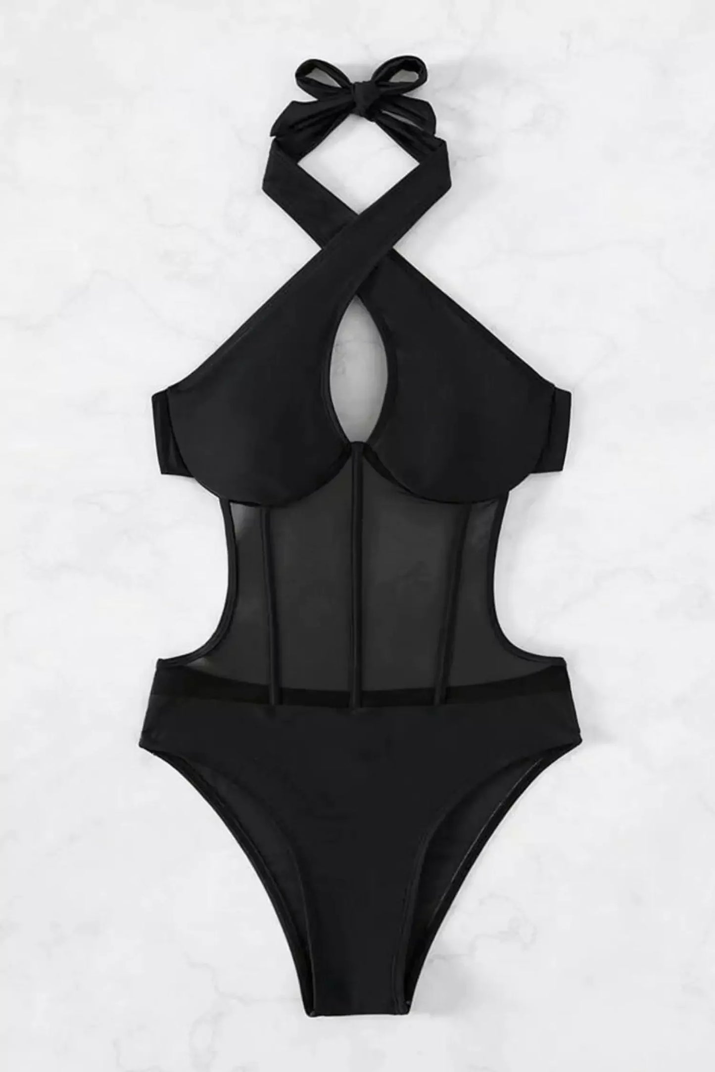DALIA - Halter Mesh One Piece Swimwear In Black