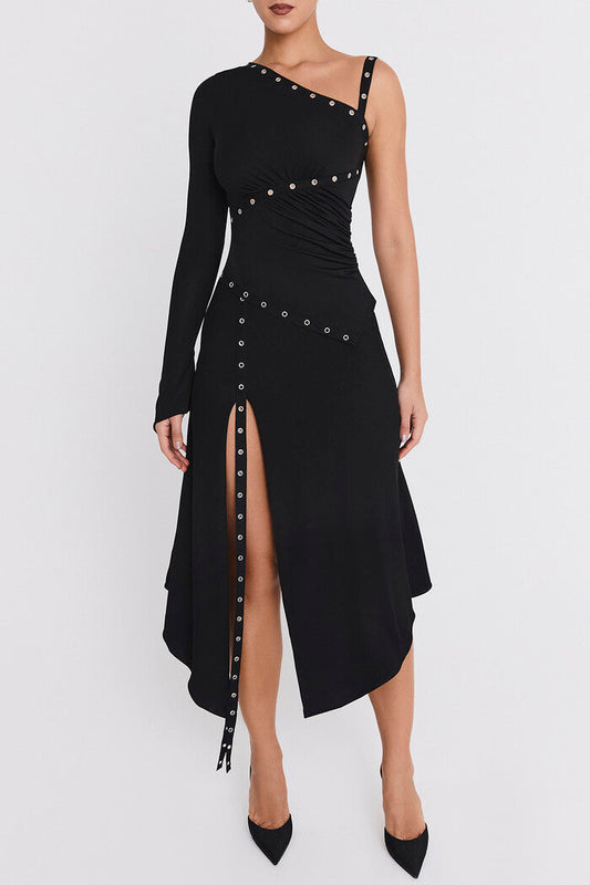 DALIA - Black Eyelet Trim Midi Skirt