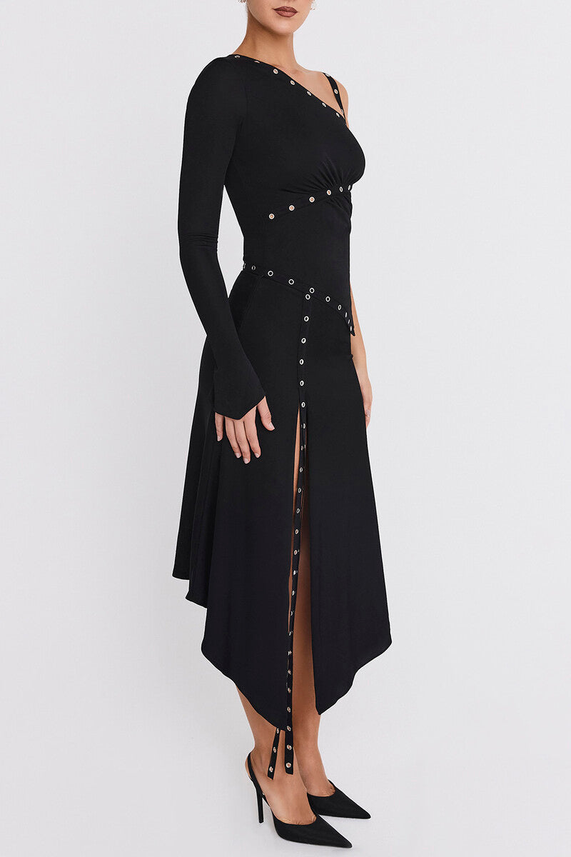 DALIA - Black Eyelet Trim Midi Skirt
