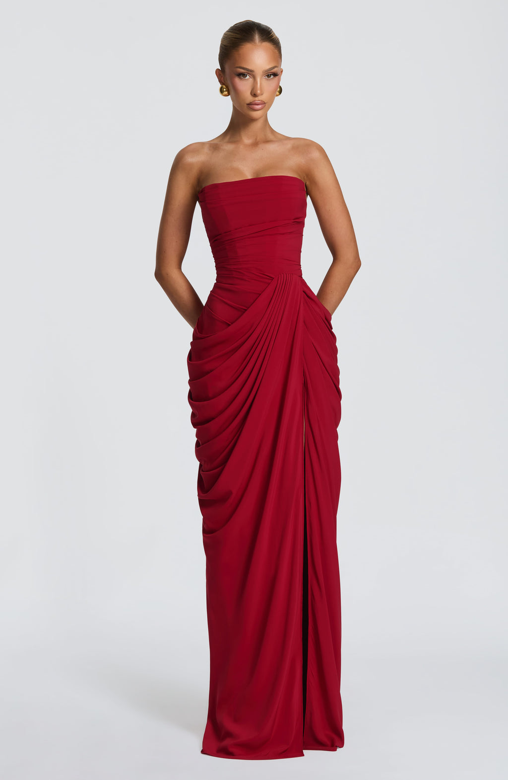 DALIA - Ruched Maxi Dress with Cross Front - Burgundy