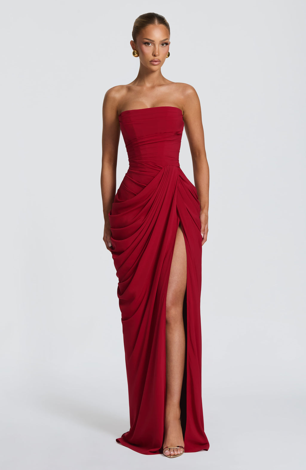 DALIA - Ruched Maxi Dress with Cross Front - Burgundy
