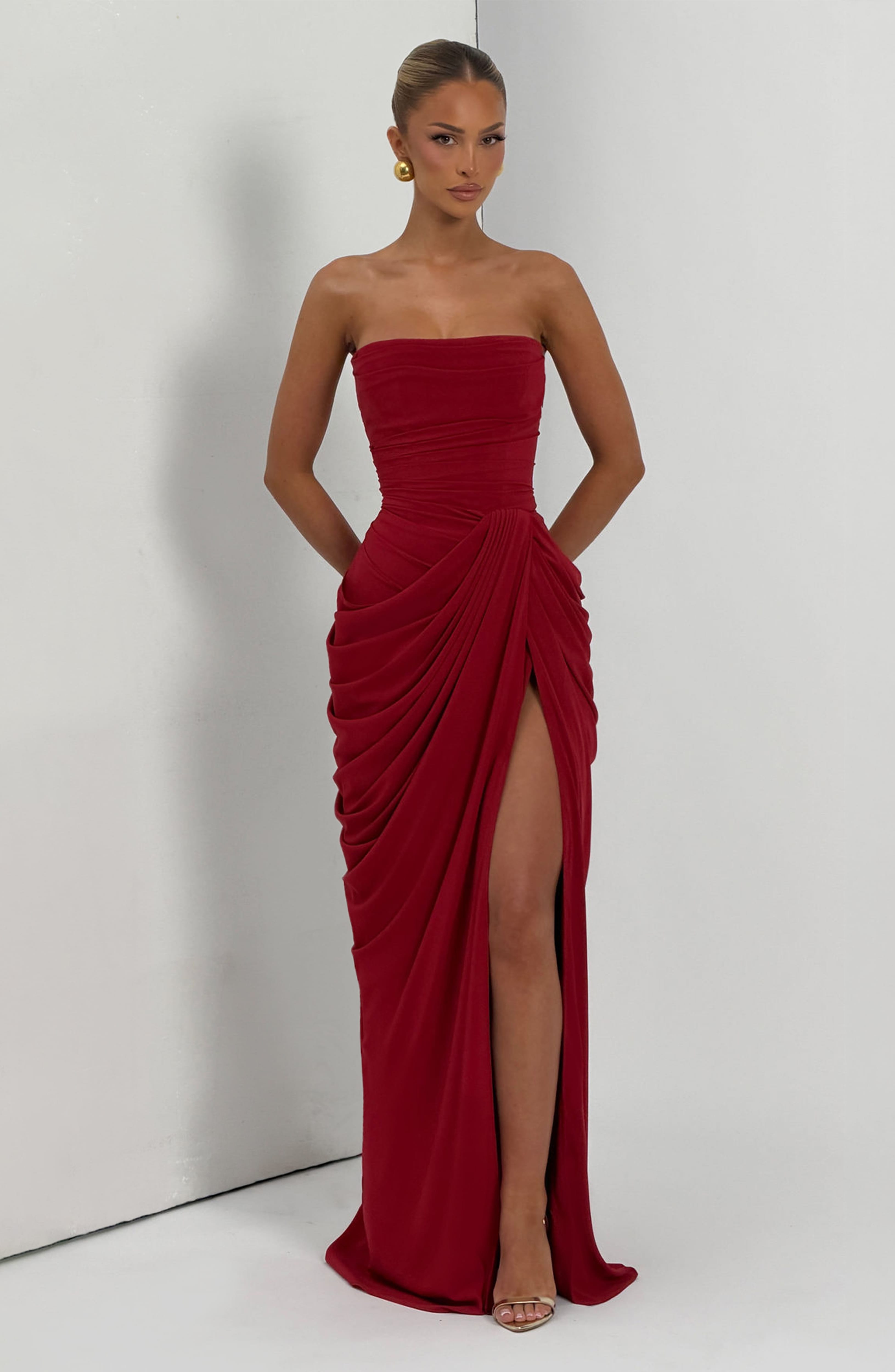 DALIA - Ruched Maxi Dress with Cross Front - Burgundy