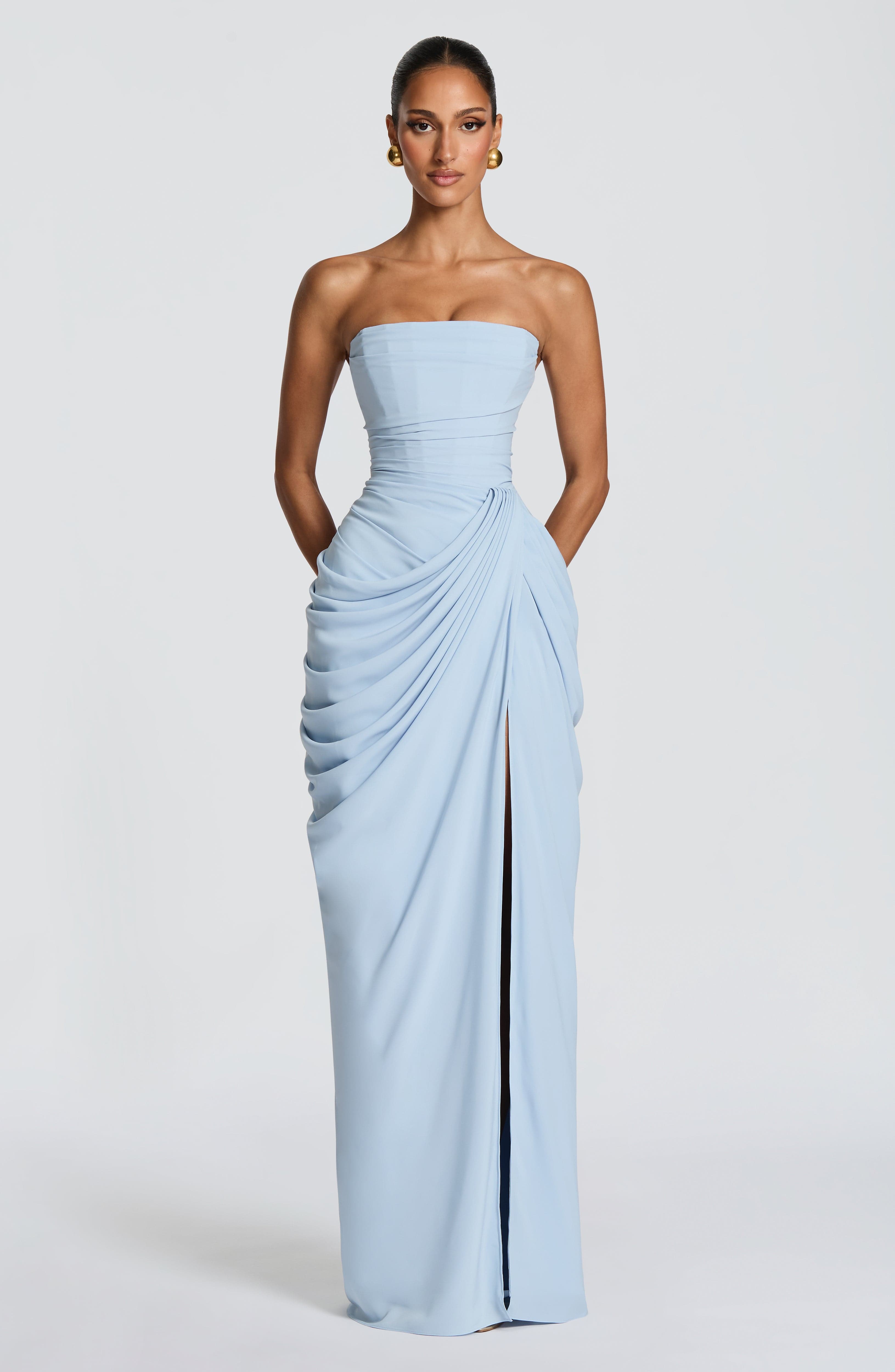 DALIA - Ruched Maxi Dress with Cross Front - Baby Blue