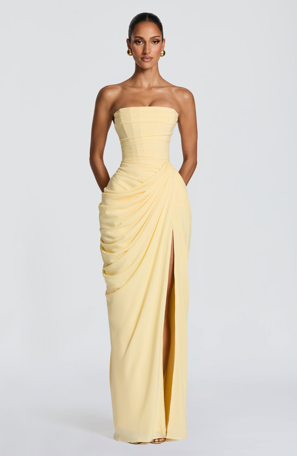 DALIA - Ruched Maxi Dress with Cross Front - Lemon
