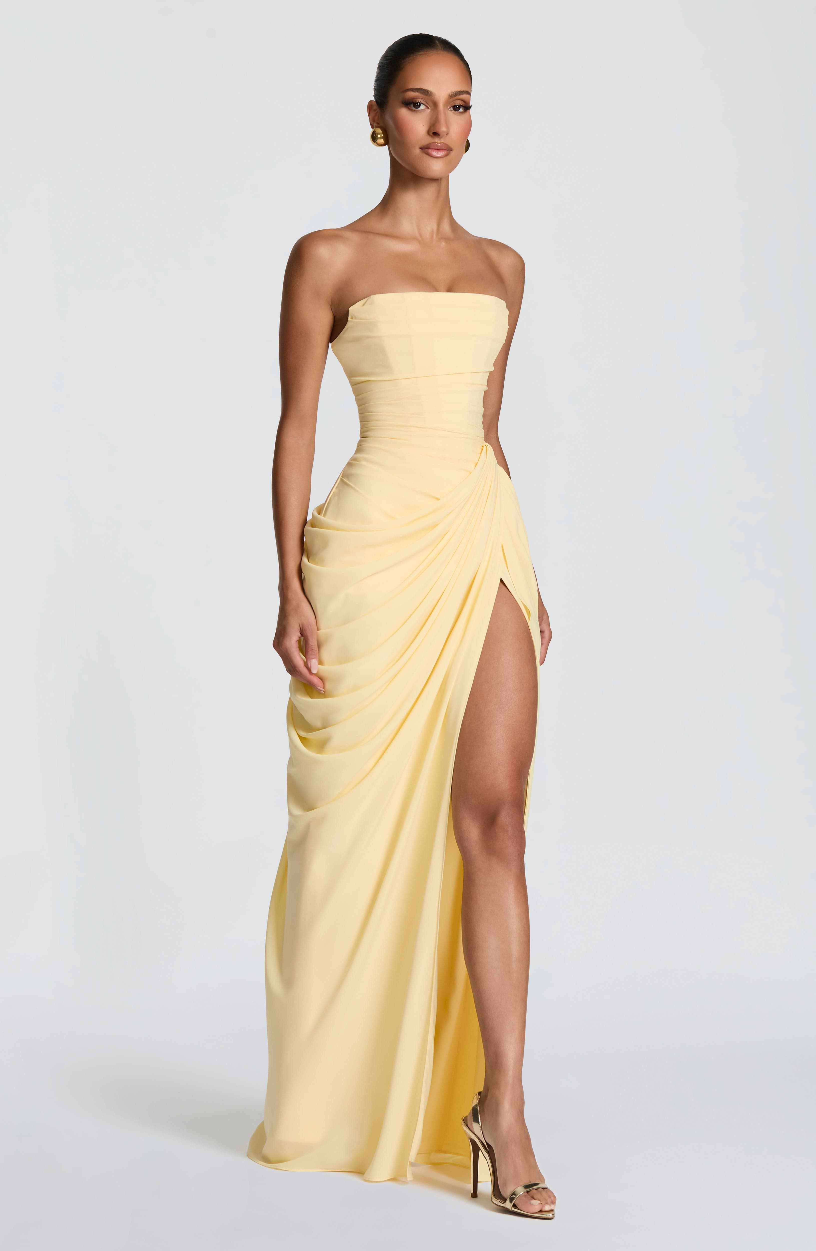 DALIA - Ruched Maxi Dress with Cross Front - Lemon