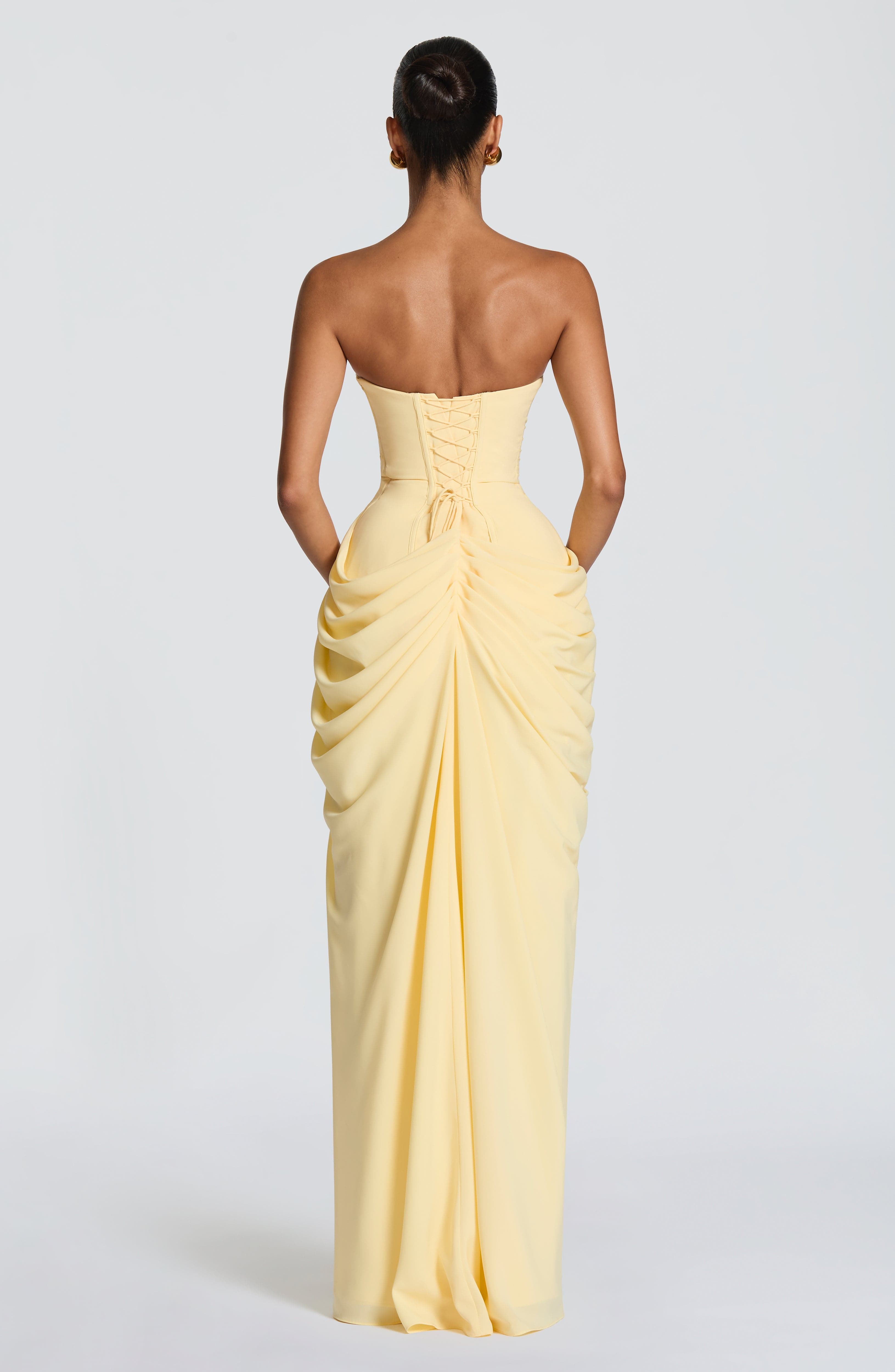 DALIA - Ruched Maxi Dress with Cross Front - Lemon