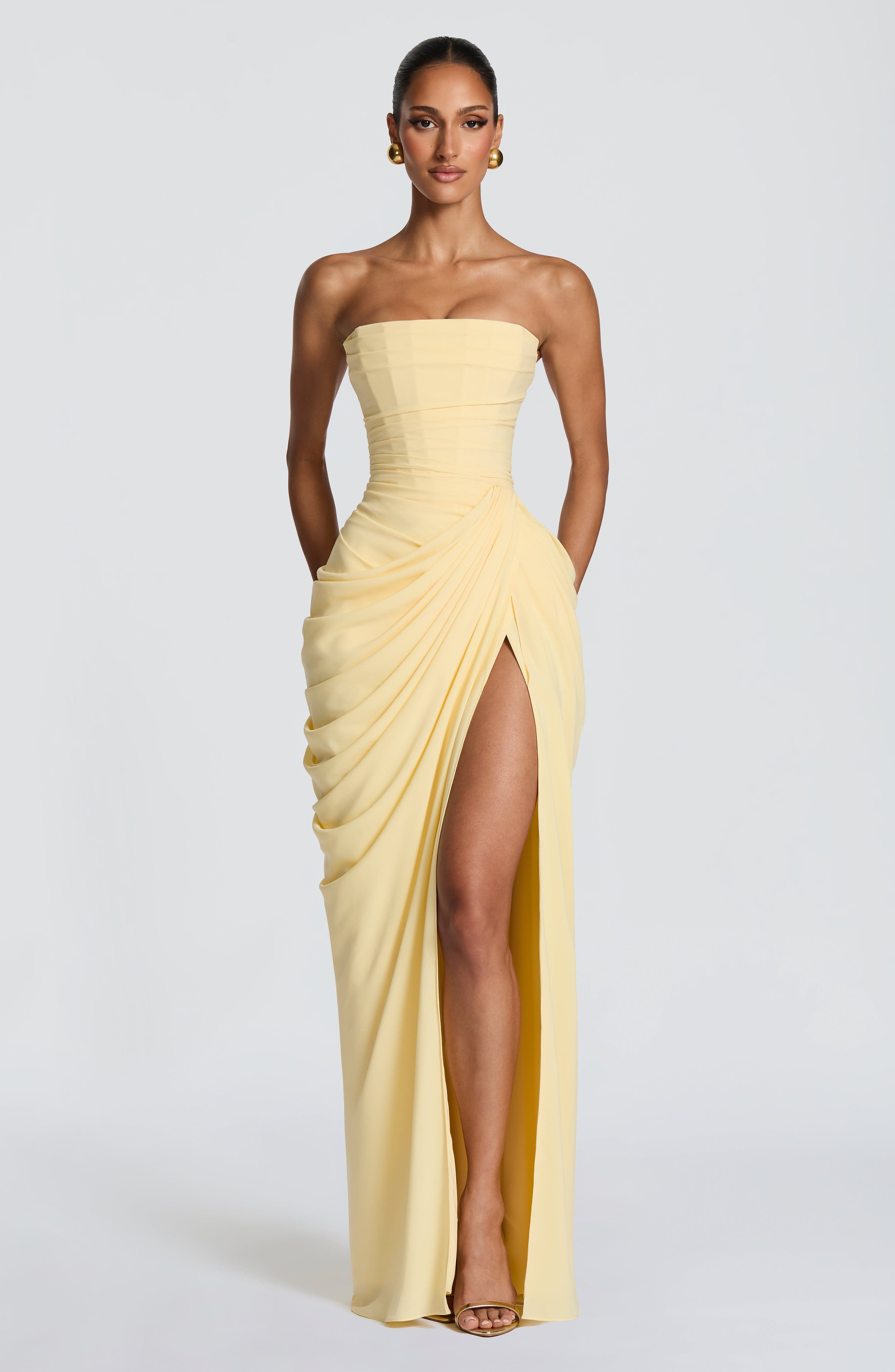 DALIA - Ruched Maxi Dress with Cross Front - Lemon
