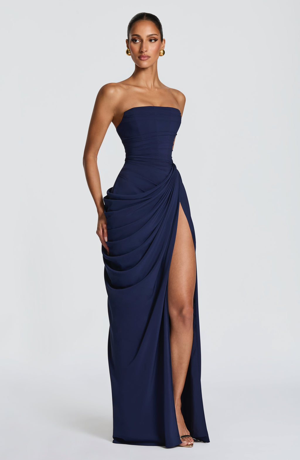 DALIA - Ruched Maxi Dress with Cross Front - Blue
