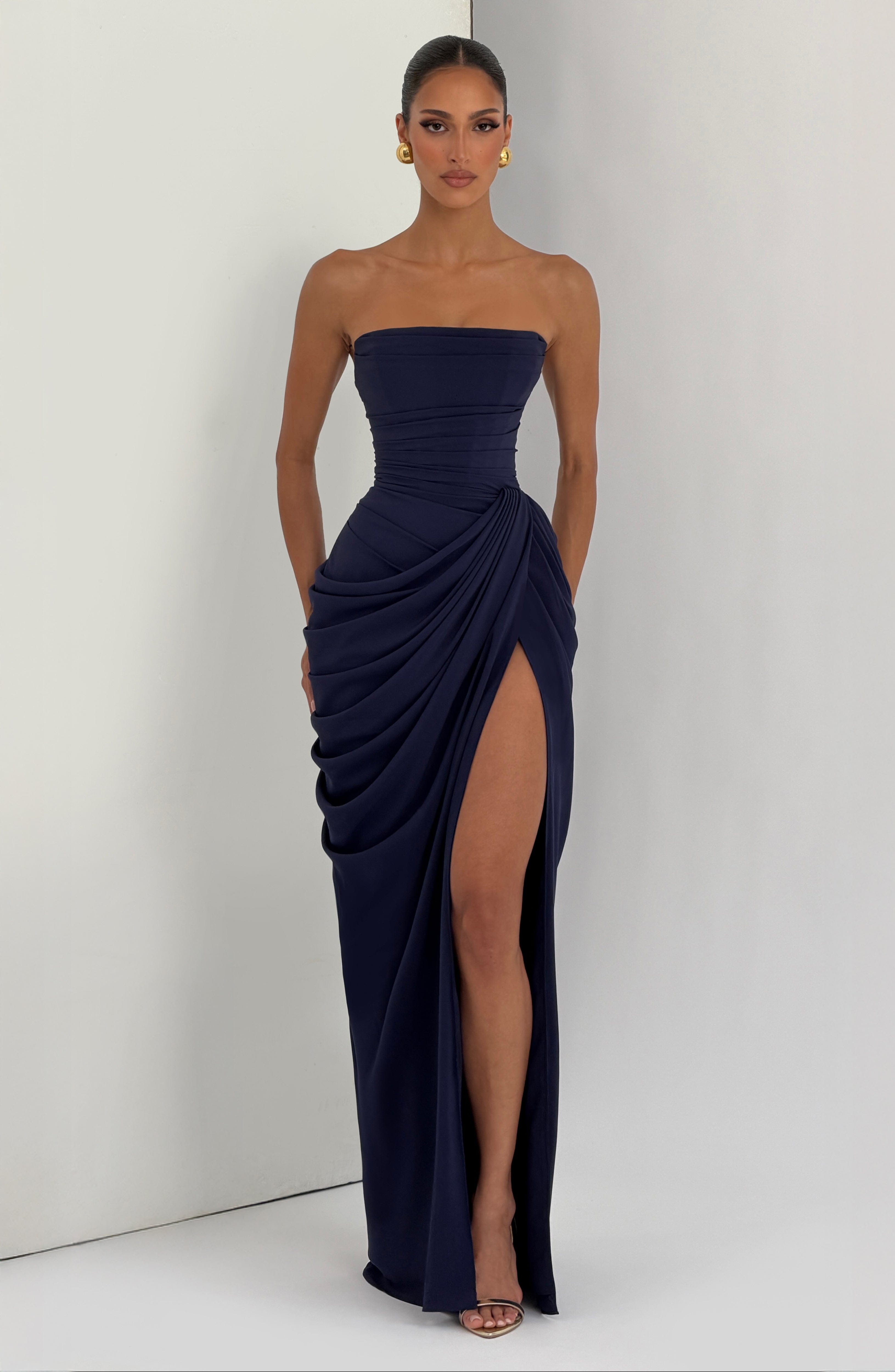 DALIA - Ruched Maxi Dress with Cross Front - Blue