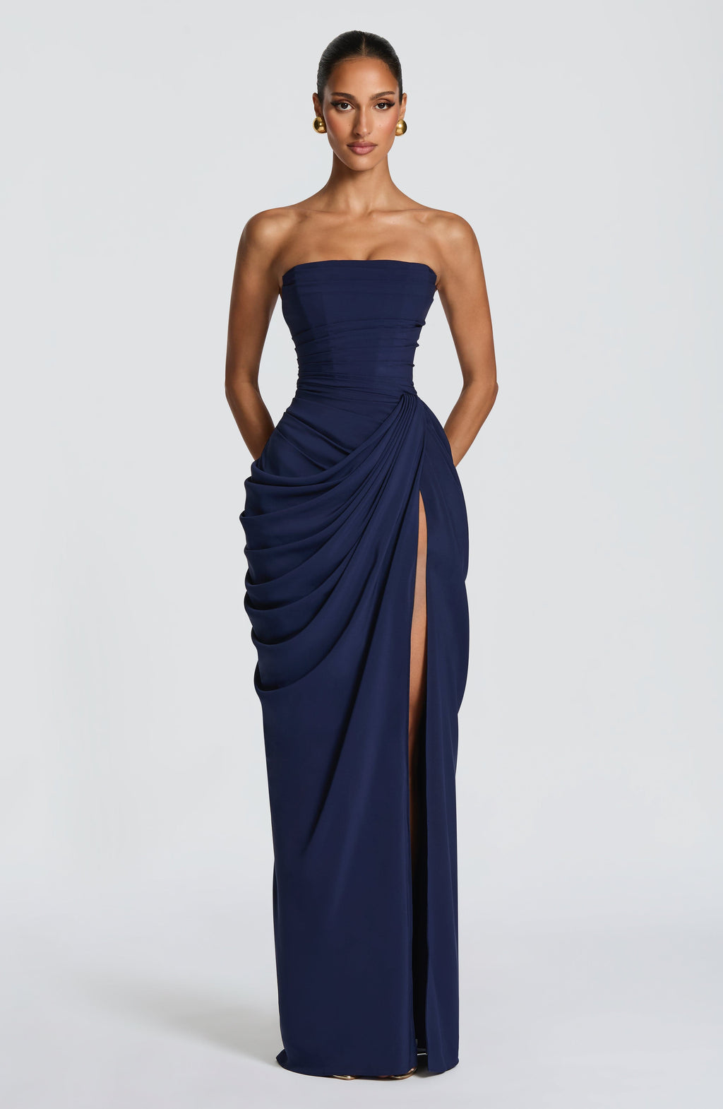 DALIA - Ruched Maxi Dress with Cross Front - Blue