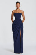 DALIA - Ruched Maxi Dress with Cross Front - Blue
