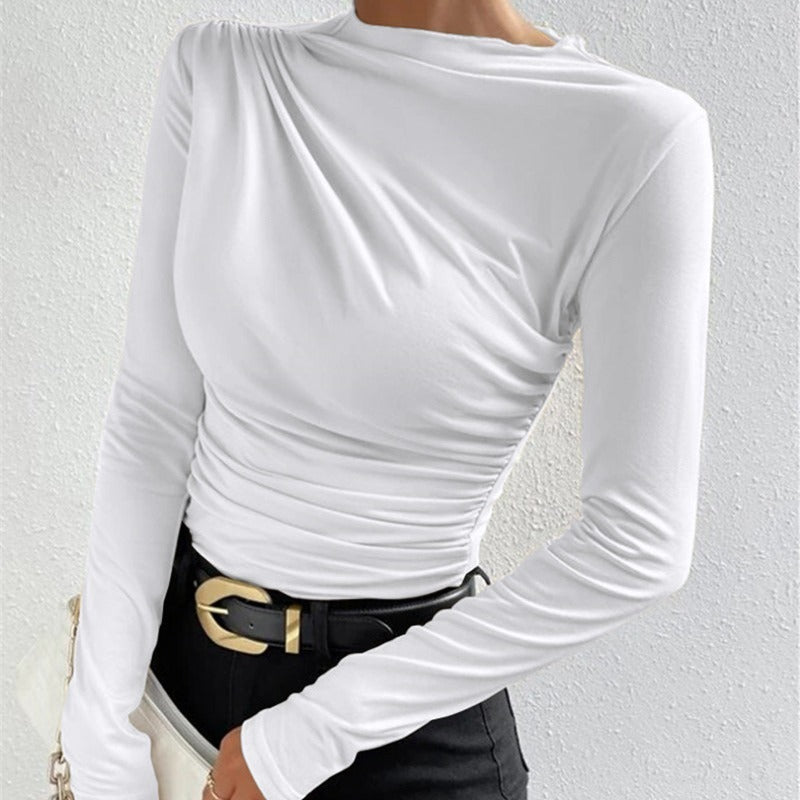 DALIA - Cross-Over Collar Pleated Cinched T-Shirt