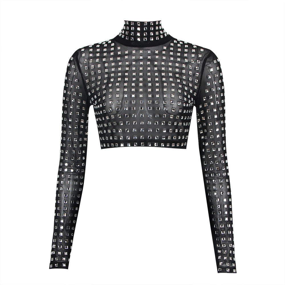DALIA - Long Sleeve Embellished Mesh Top