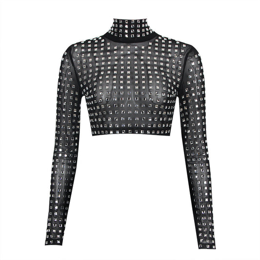 DALIA - Long Sleeve Embellished Mesh Top