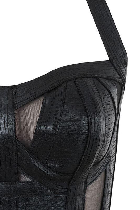 DALIA - Zwarte metallic cocktailjurk met halternek - Zwart