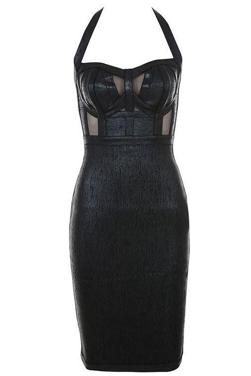 DALIA - Zwarte metallic cocktailjurk met halternek - Zwart