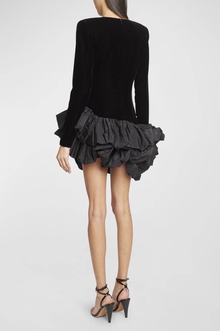 DALIA - Ruffle Asymmetric Hem Mini Velvet Dress - Black