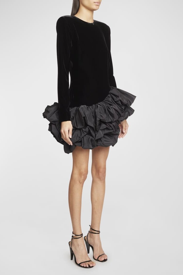 DALIA - Ruffle Asymmetric Hem Mini Velvet Dress - Black