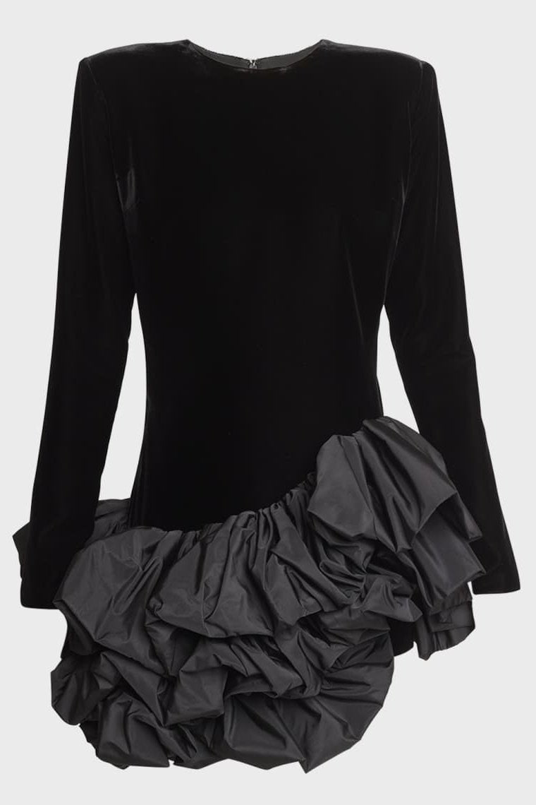 DALIA - Ruffle Asymmetric Hem Mini Velvet Dress - Black