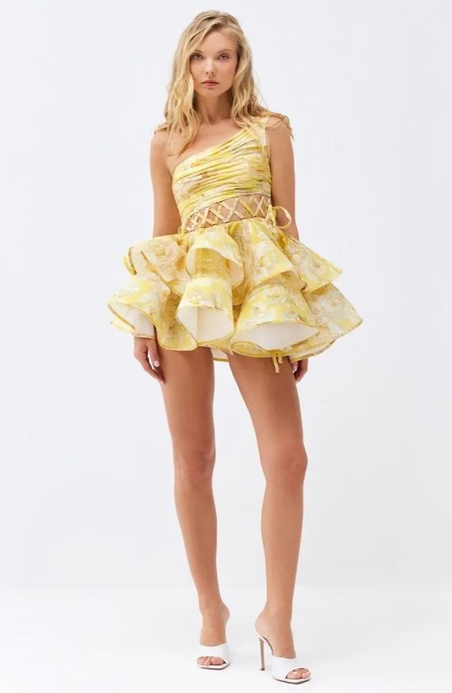 DALIA - Floral Printed One-shoulder Mini Chiffon Dress