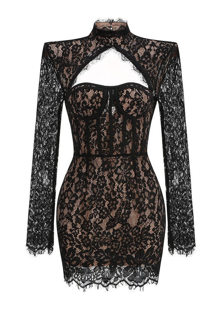 DALIA - Turtleneck Lace Mini Dress - Black