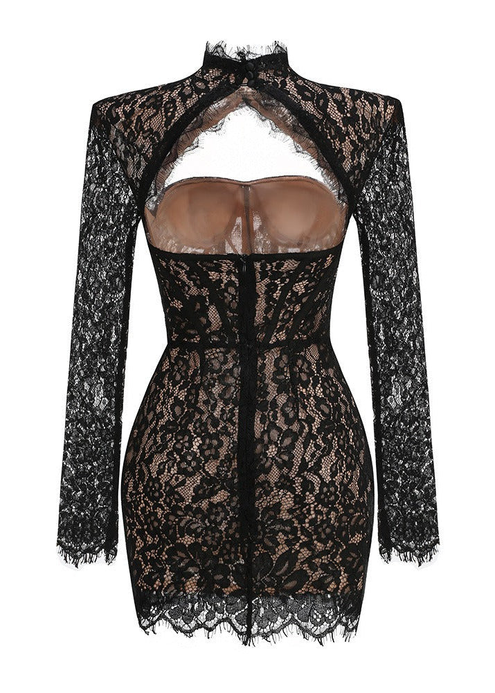DALIA - Turtleneck Lace Mini Dress - Black