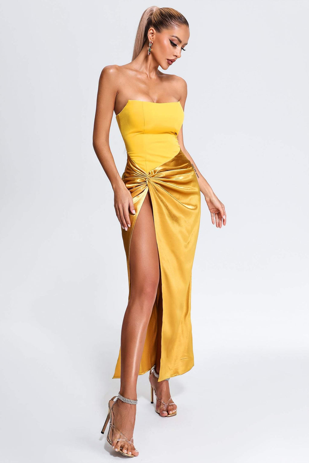 DALIA - Corset Satin Midi Dress - Yellow