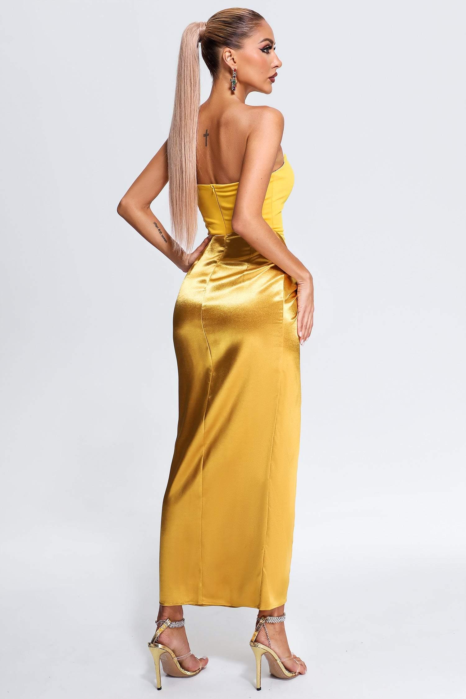 DALIA - Corset Satin Midi Dress - Yellow