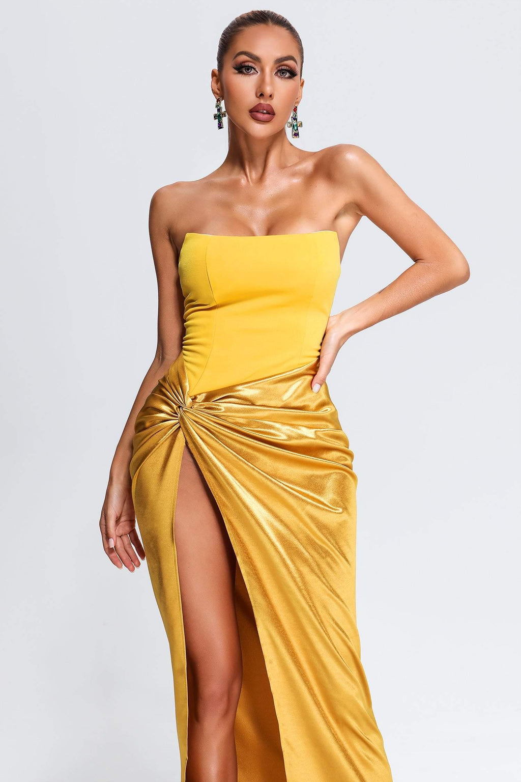 DALIA - Corset Satin Midi Dress - Yellow
