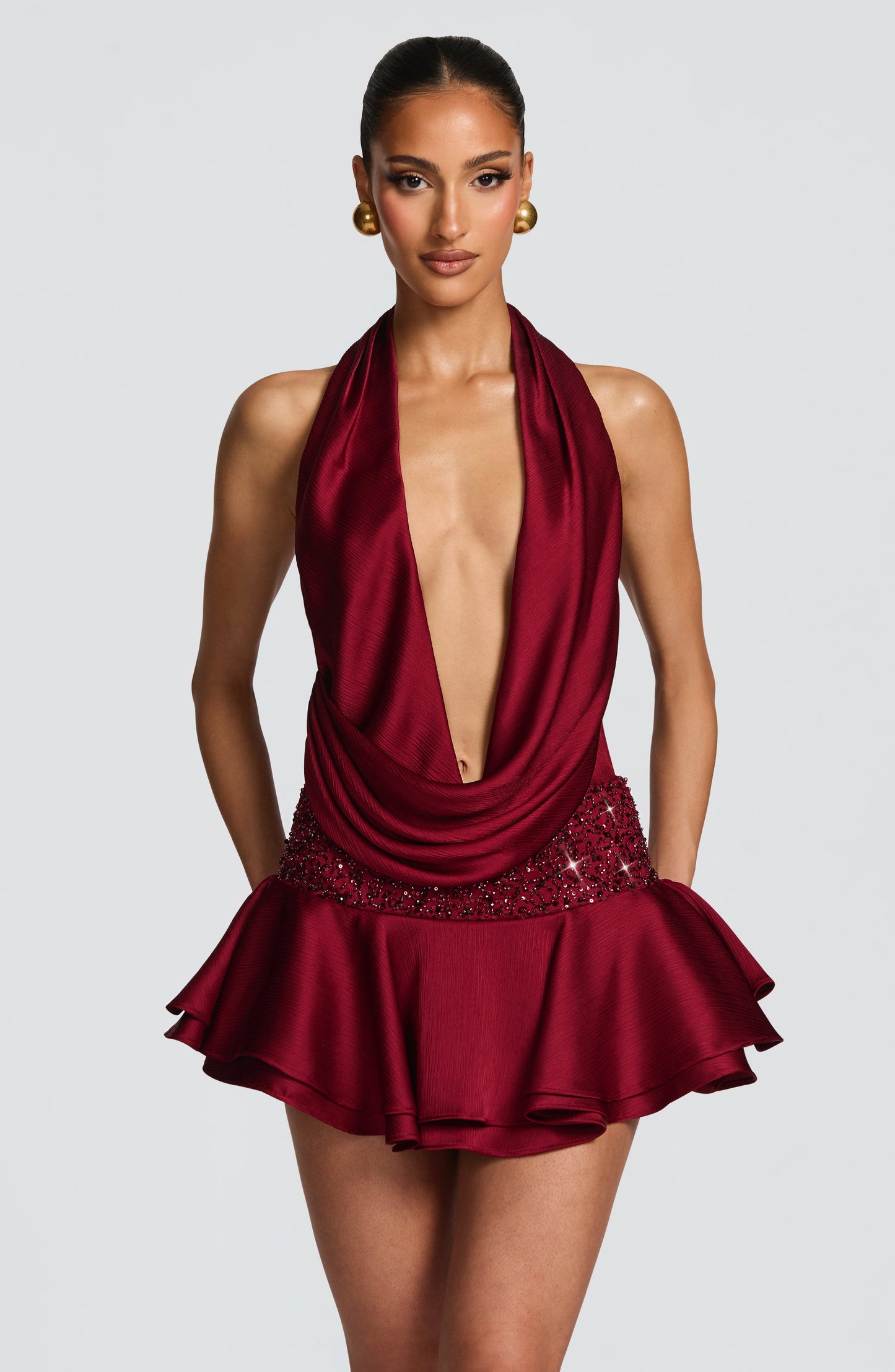 DALIA - Satin V Two Piece Set - Burgundy