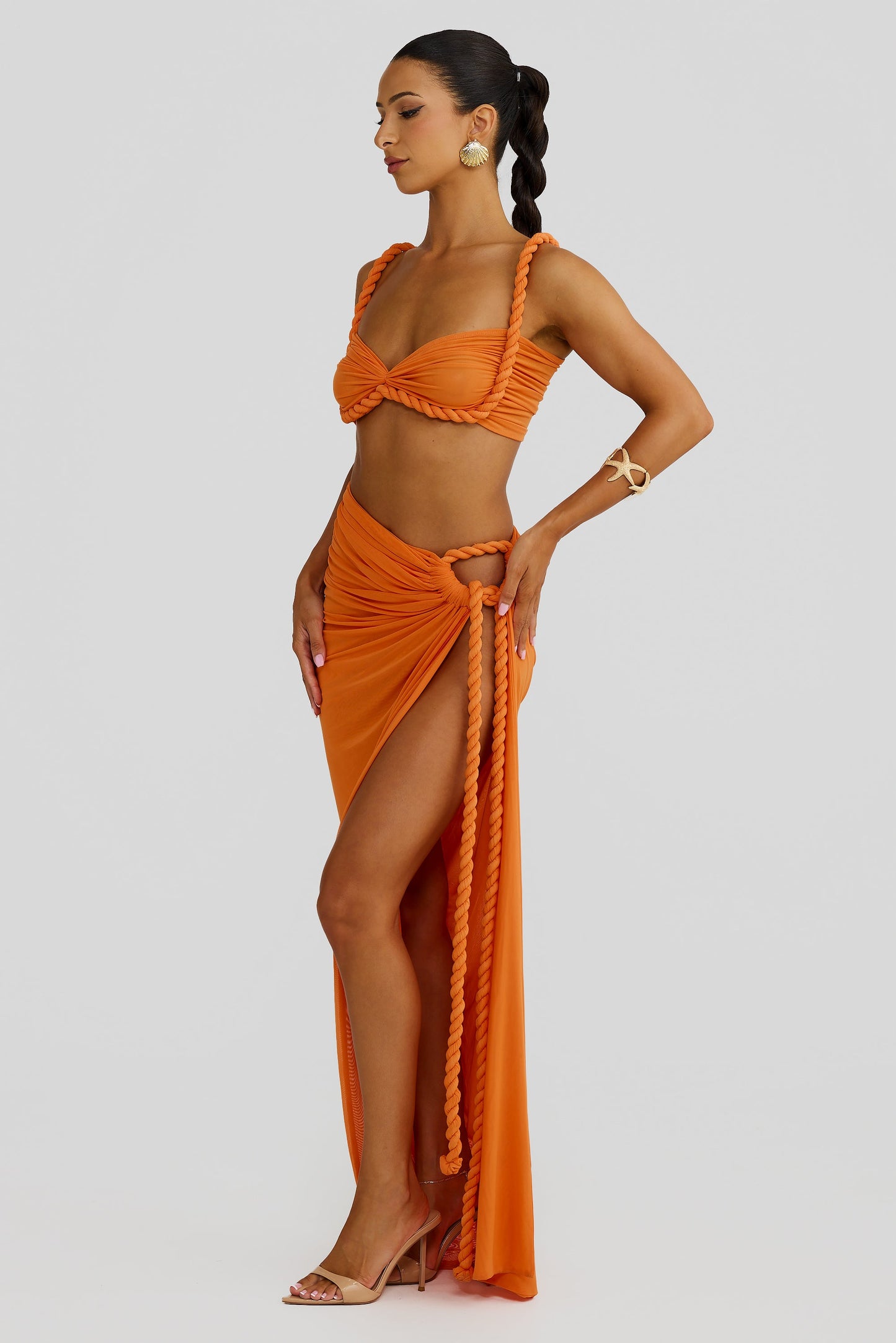 DALIA - Swimsuit Braided Suspender Top Slit Skirt Set In Orange