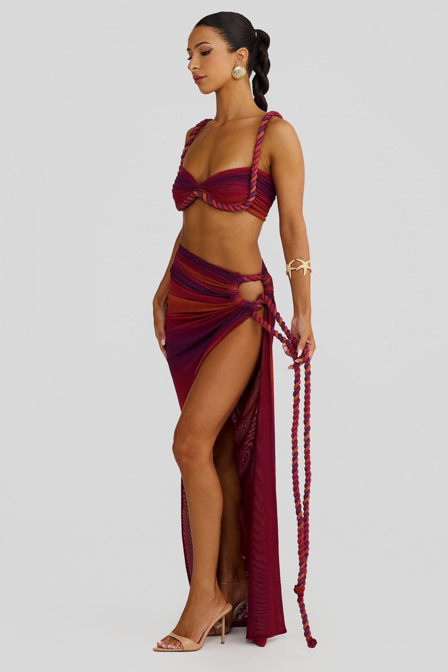 DALIA - Swimsuit Braided Suspender Top Slit Skirt Set In Wine Red