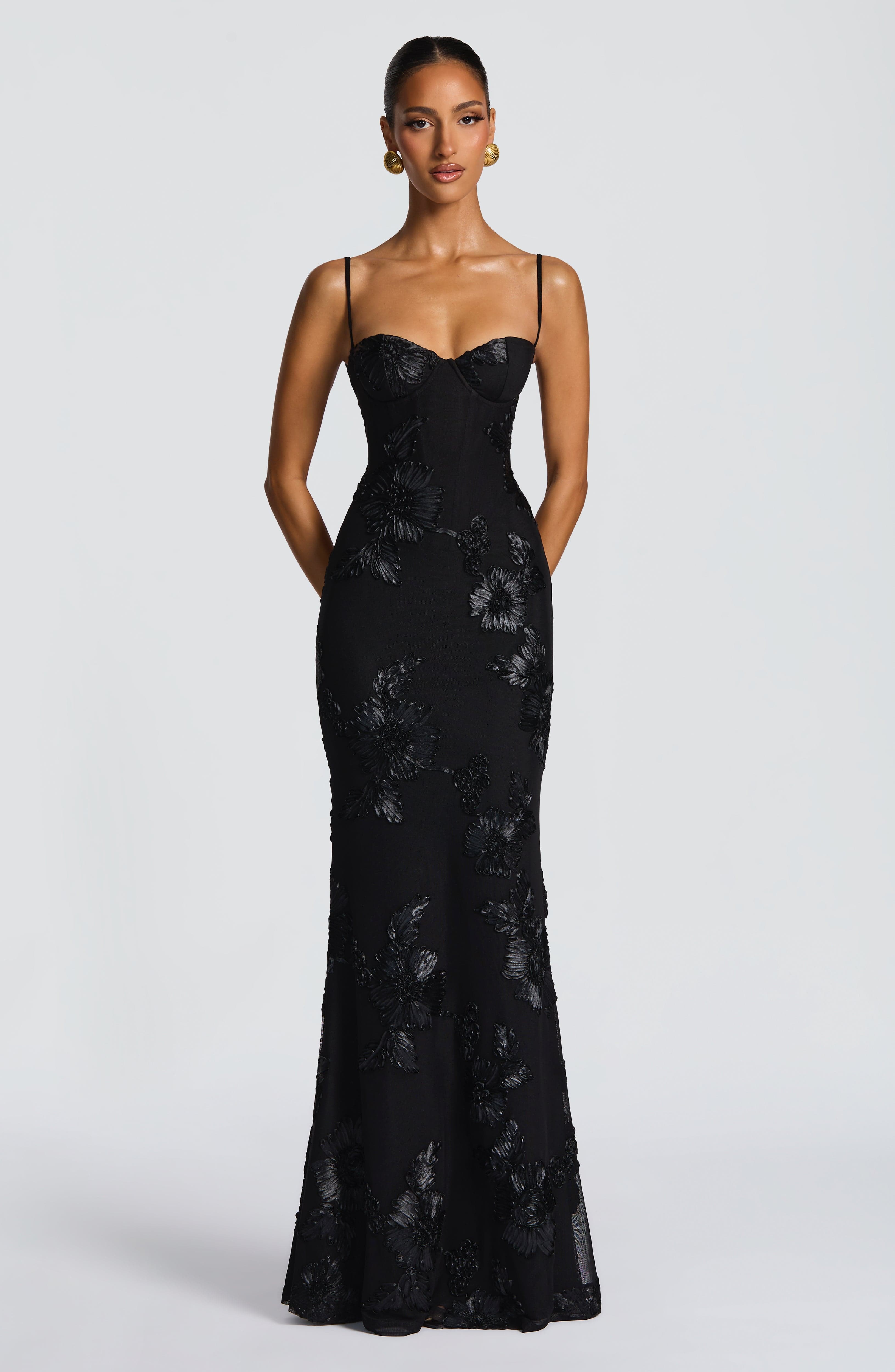 DALIA - Bodycon Flower Maxi Dress - Black