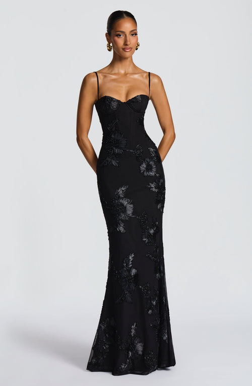 DALIA - Bodycon Flower Maxi Dress - Black