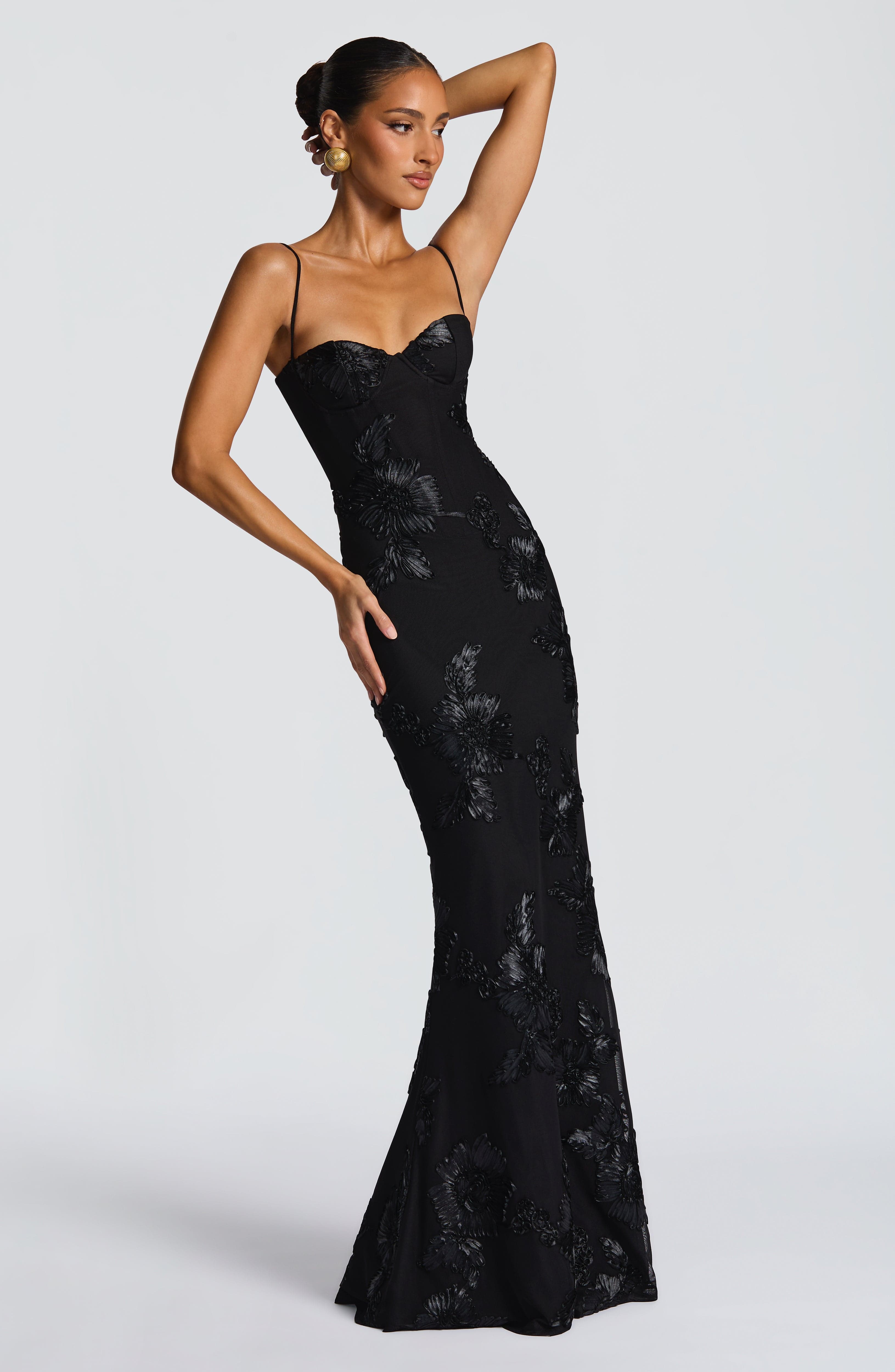 DALIA - Bodycon Flower Maxi Dress - Black