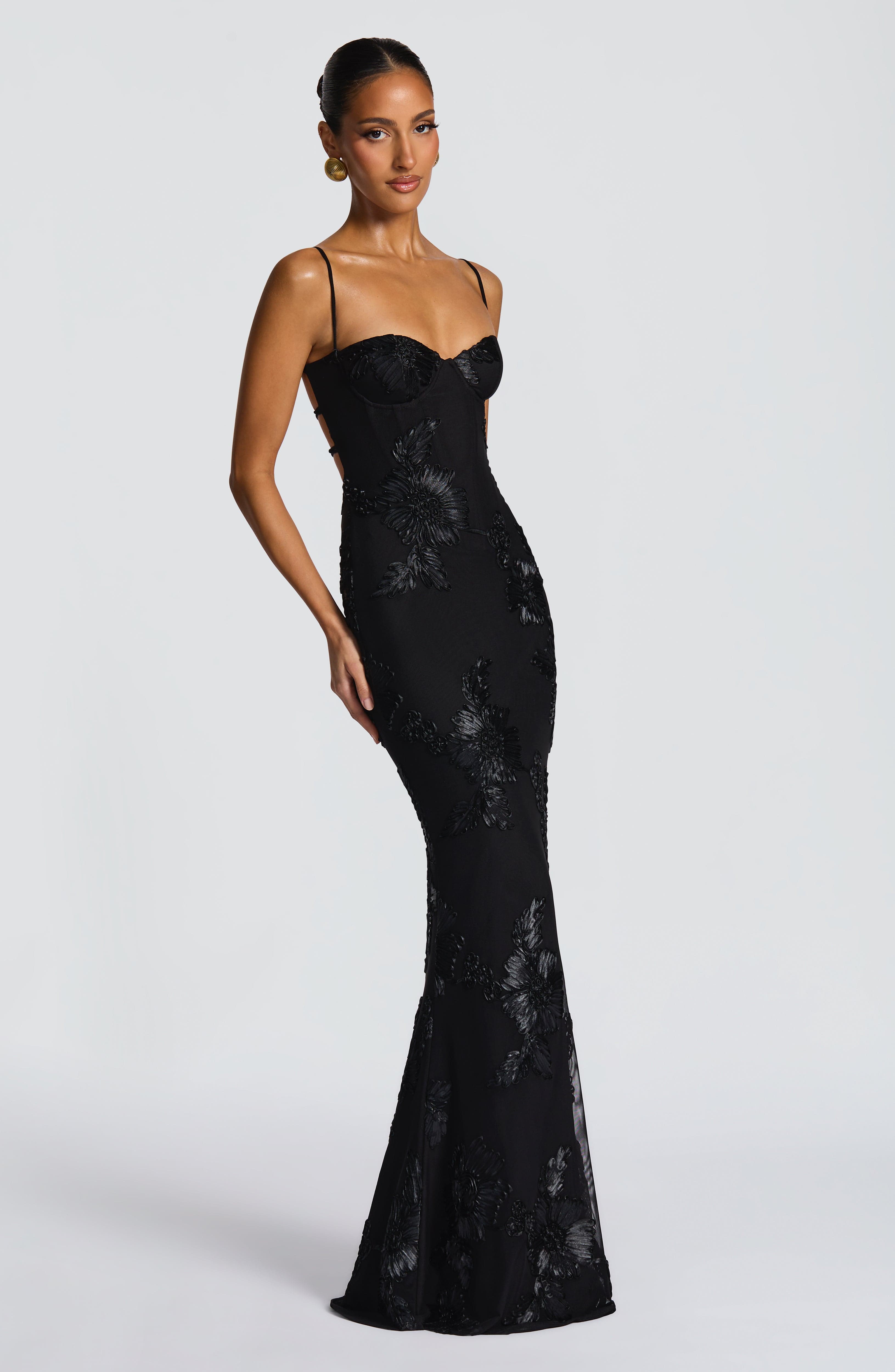 DALIA - Bodycon Flower Maxi Dress - Black